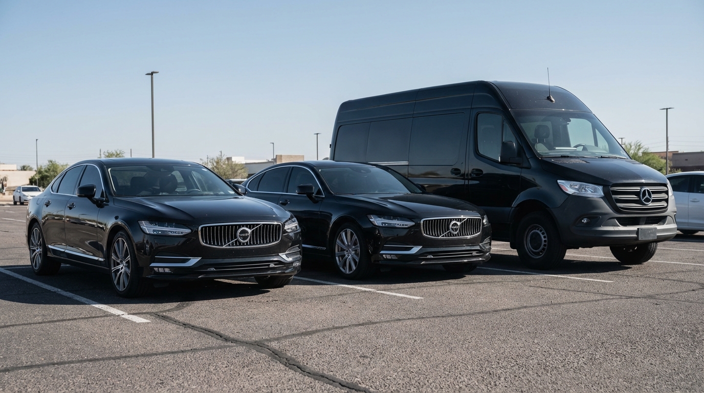 Black Mercedes‑Benz Sprinter van parked next to two black Volvo sedans, ready for group transportation service in Phoenix.