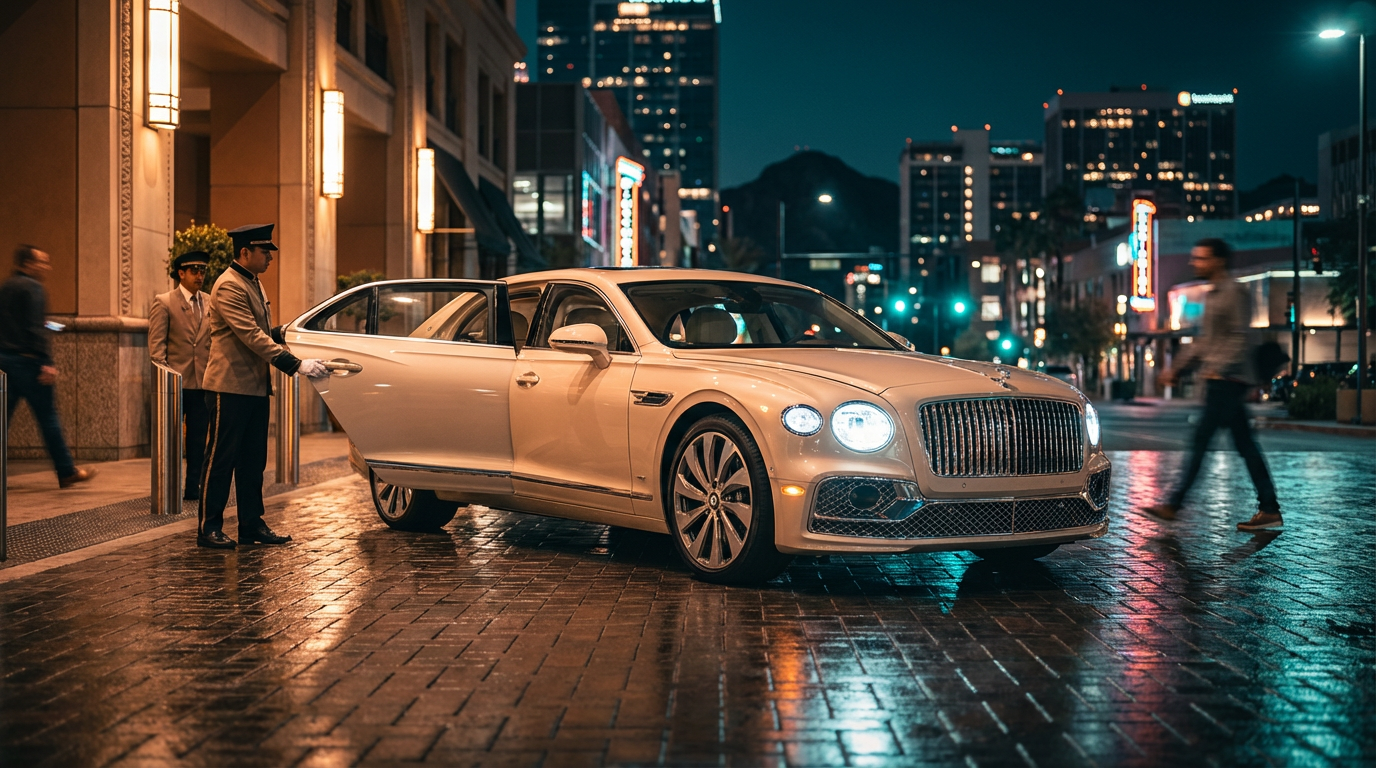 Cinematic nighttime VIP arrival in downtown Phoenix, featuring a Bentley Flying Spur captured from a low angle three-quarter view, parked at the entrance of a luxury hotel with bright city lights, red-carpet ambience, and uniformed valet attendants welcoming guests.