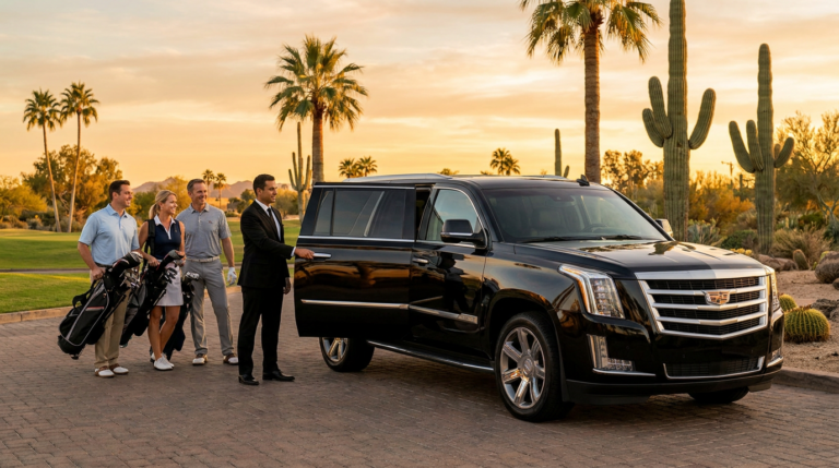 Chauffeur opening SUV door for smiling golfers with clubs after a long day on the course.
