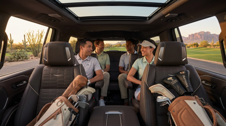 Group of golfing friends laughing in the back of a luxury SUV with Vitesse Phoenix chauffeur service