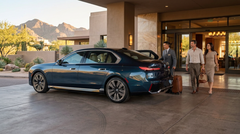 Couple leaving luxury resort lobby toward a waiting black luxury transport vehicle in Phoenix