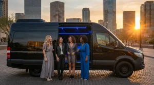 Four sophisticated women standing in front of a luxury Mercedes Sprinter in Phoenix for a Ladies’ Night Out.
