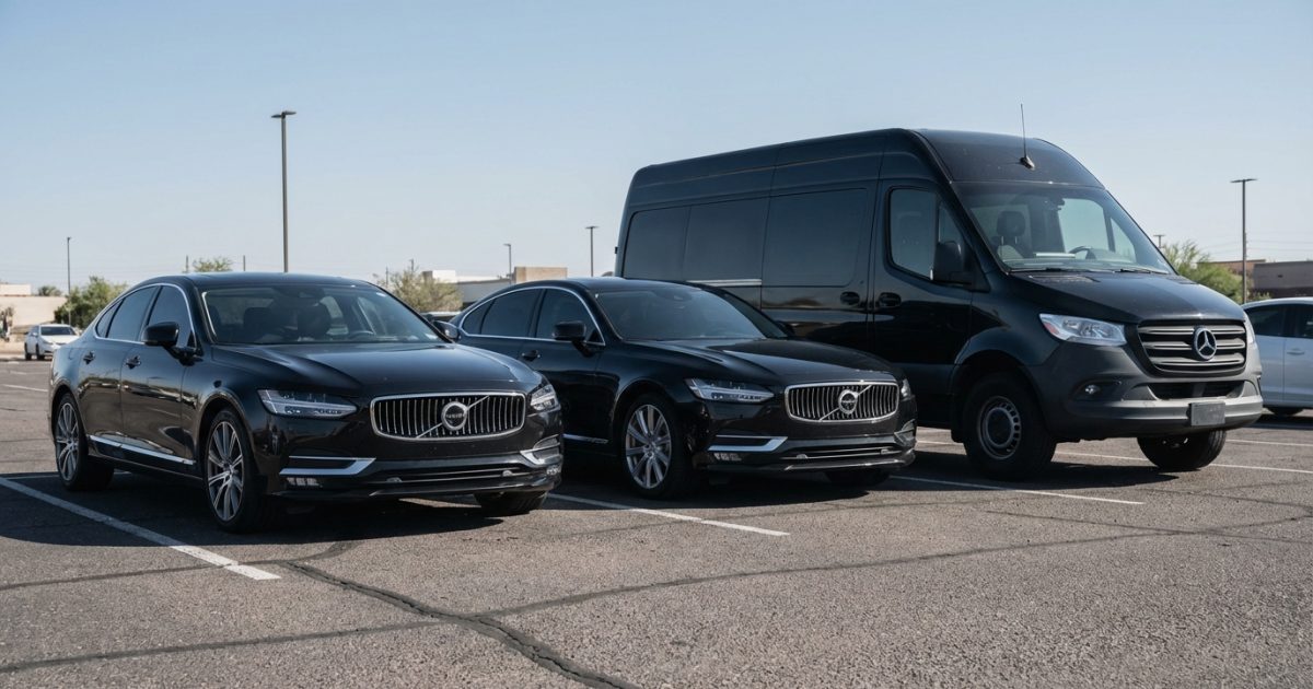 Black Mercedes‑Benz Sprinter van parked next to two black Volvo sedans, ready for group transportation service in Phoenix.