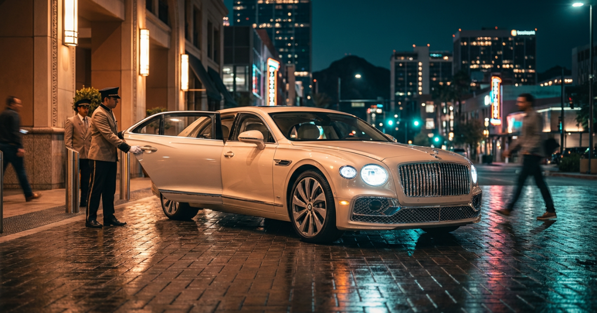 Cinematic nighttime VIP arrival in downtown Phoenix, featuring a Bentley Flying Spur captured from a low angle three-quarter view, parked at the entrance of a luxury hotel with bright city lights, red-carpet ambience, and uniformed valet attendants welcoming guests.
